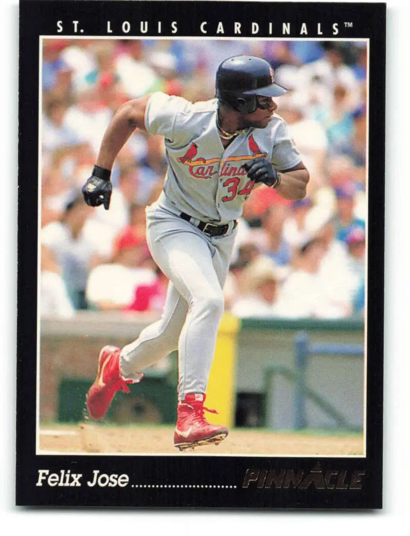 Felix Jose card featuring St. Louis Cardinals player in white and red uniform running