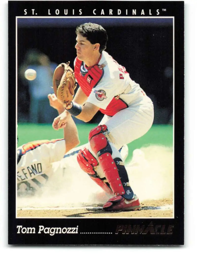 Tom Pagnozzi in St. Louis Cardinals uniform crouching at home plate on a baseball card