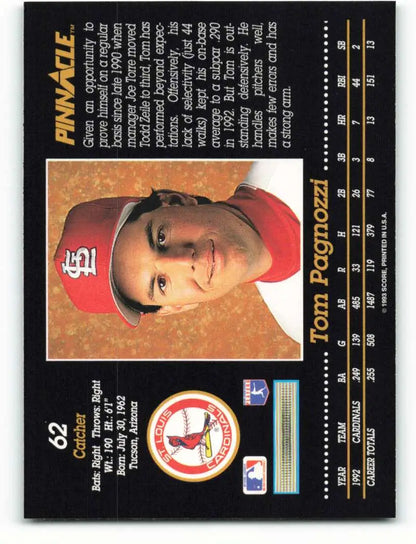 Tom Pagnozzi baseball card featuring St. Louis Cardinals player in red cap