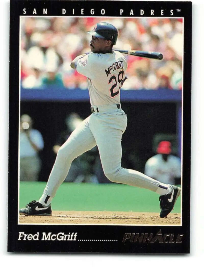 Fred McGriff swinging a bat in a white San Diego Padres uniform for 1993 Pinnacle card