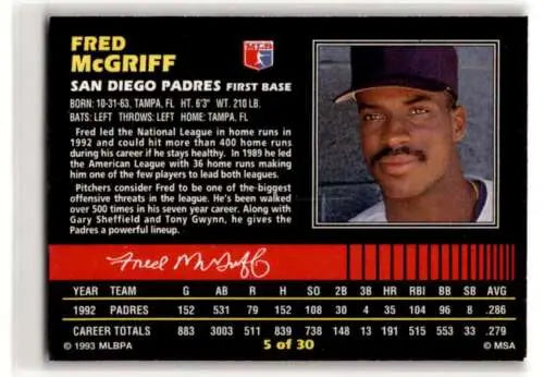 Original gloss 1993 Post Cereal #5 Fred McGriff San Diego Padres baseball card