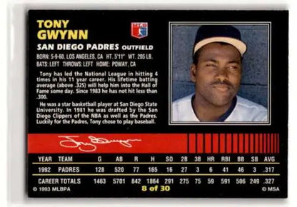 Original gloss 1993 Post Cereal #8 Tony Gwynn San Diego Padres baseball card