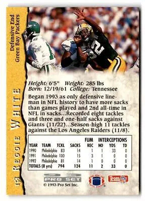 1993 Pro Set #158 Reggie White trading card featuring NFL Hall of Famer Reggie White