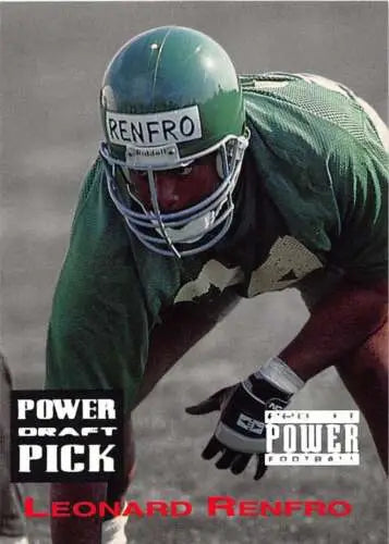 Football player in stance featured on 1993 Pro Set Power Draft Picks Leonard Renfro card