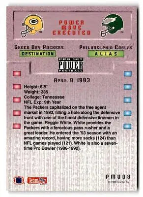 Back of 1993 Pro Set Power Update trading card featuring Reggie White Power Moves