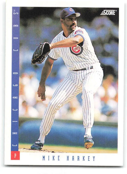 Baseball card of Mike Harkey, Chicago Cubs pitcher in pinstripe uniform mid-delivery