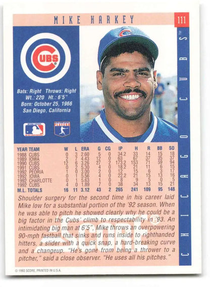 Baseball card of Mike Harkey, Chicago Cubs player from the early 1990s