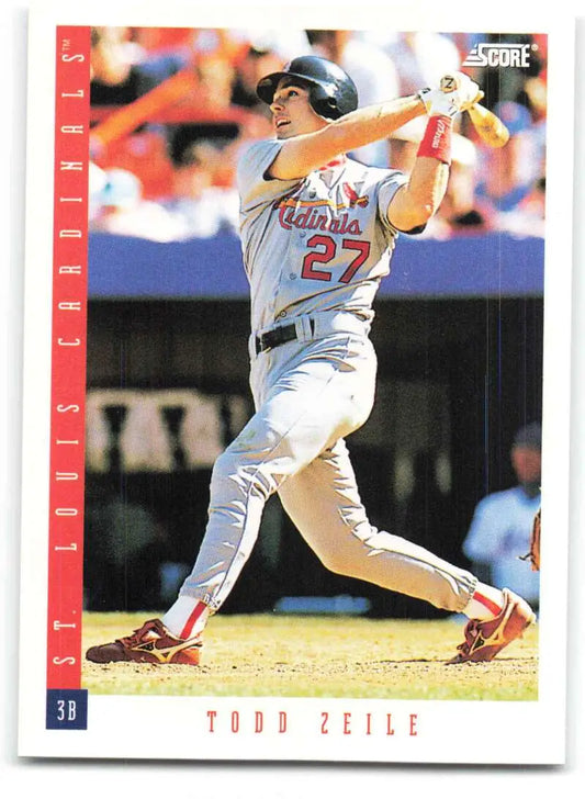 Baseball card of Todd Zeile in white uniform for St. Louis Cardinals swinging bat