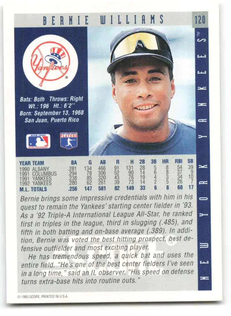 Baseball card of Bernie Williams in New York Yankees navy uniform and cap