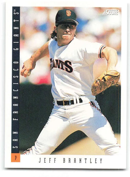 Baseball card of Jeff Brantley, San Francisco Giants pitcher in home uniform delivery