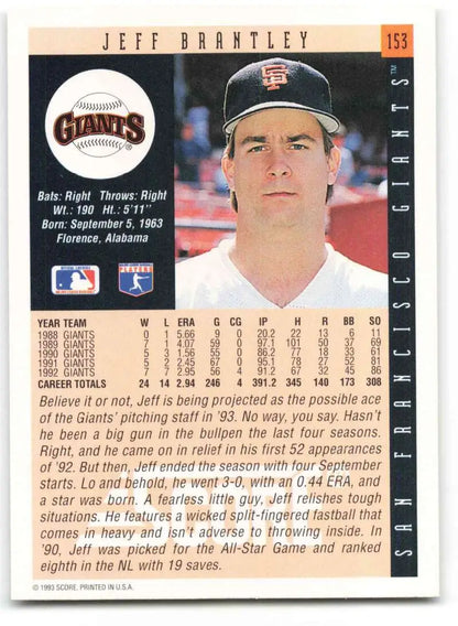 Jeff Brantley 1993 Score baseball card featuring San Francisco Giants uniform and cap