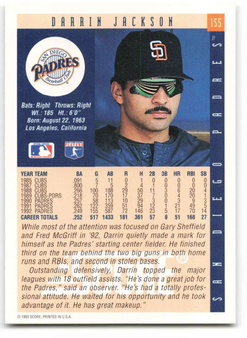 1993 Score Darrin Jackson Baseball Card featuring San Diego Padres stats and biography