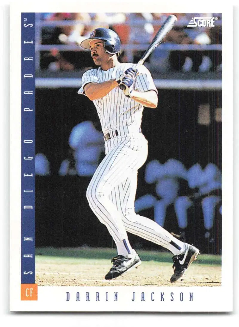 Baseball card of Darrin Jackson in San Diego Padres pinstripe uniform at bat