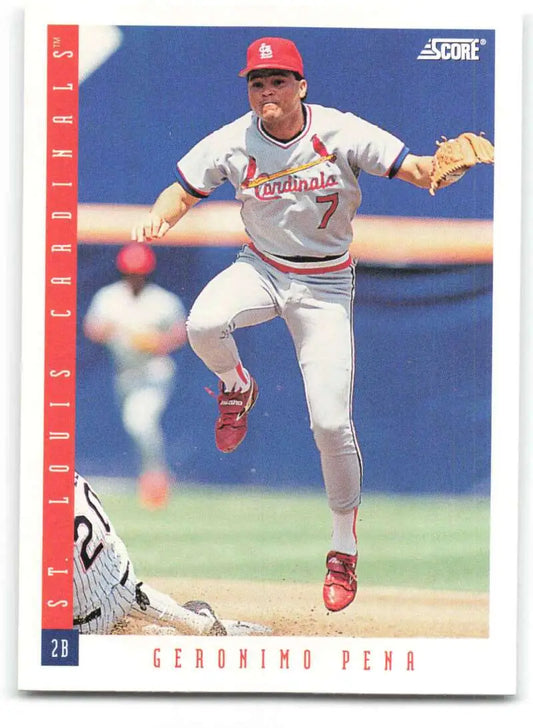 Geronimo Pena mid-throw on a 1993 Score St. Louis Cardinals baseball card