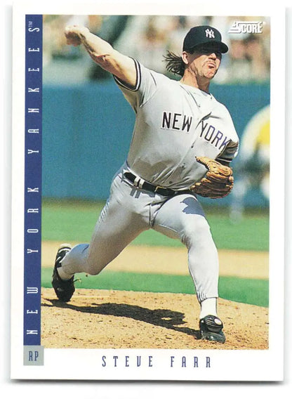 Steve Farr in mid-throw action on 1993 Score New York Yankees Baseball Card