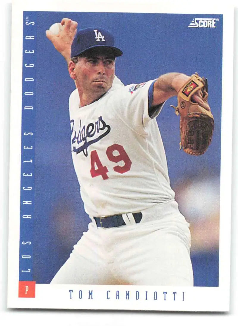 Baseball card of Tom Candiotti, Dodgers pitcher number 49 in mid-throwing motion