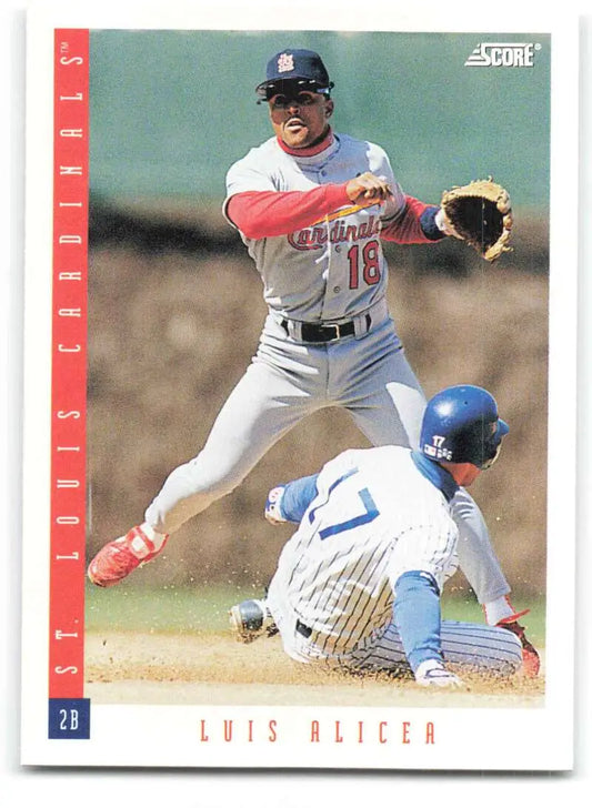 1993 Score #183 Luis Alicea Baseball Card depicting a double play at second base