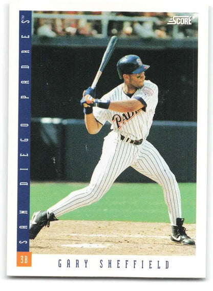 Gary Sheffield in a pinstriped San Diego Padres uniform on a baseball trading card