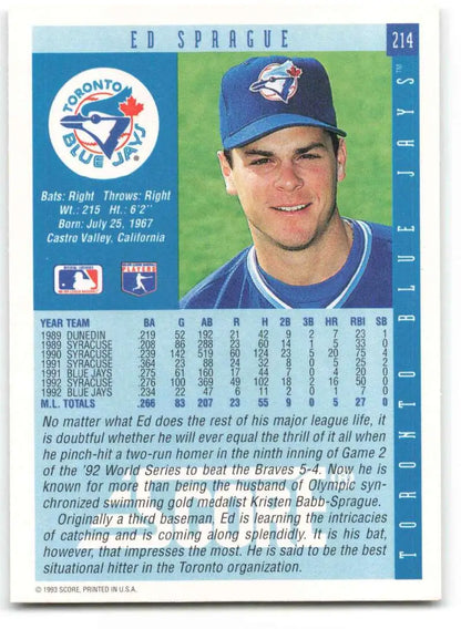 Toronto Blue Jays player Ed Sprague baseball card from 1993 Score showcasing Blue Jays history