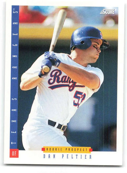 1993 Score #240 Dan Peltier Baseball Card featuring Texas Rangers player at bat in white uniform