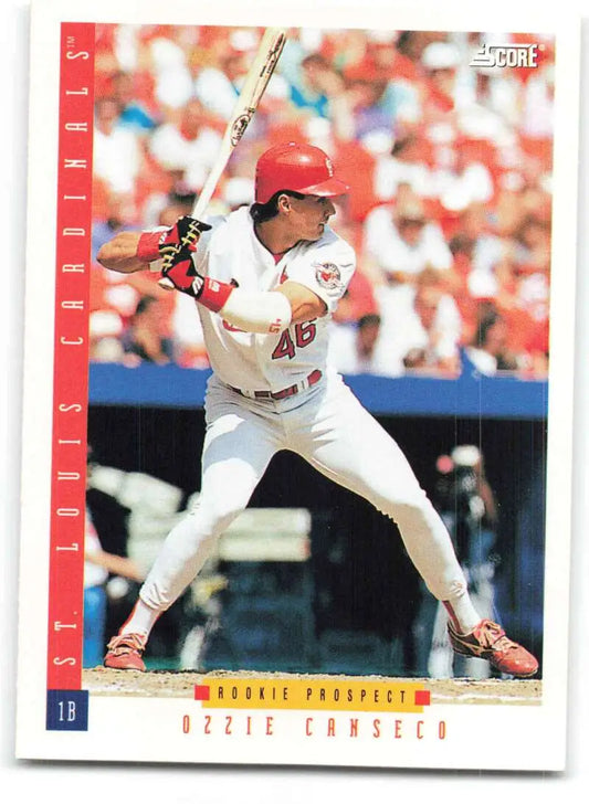 Ozzie Canseco baseball card of St. Louis Cardinals player in home uniform at bat