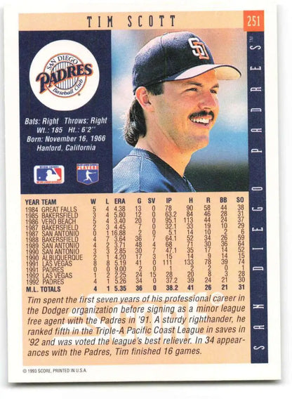 Tim Scott San Diego Padres baseball card with cap and stats on back, 1993 Score