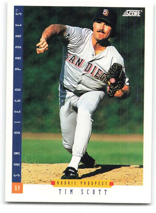 Tim Scott mid-delivery in gray uniform on 1993 Score San Diego Padres baseball card