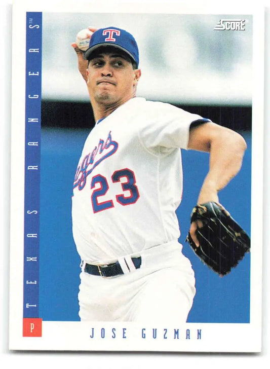 Jose Guzman baseball card featuring Mets pitcher in white home uniform number 23