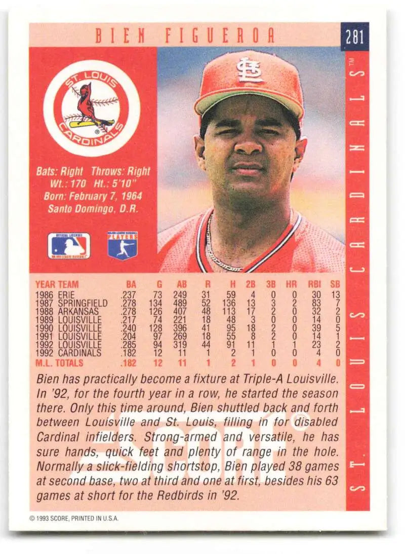 1993 Score #281 Bien Figueroa NM-MT St. Louis Cardinals Baseball Card in red uniform