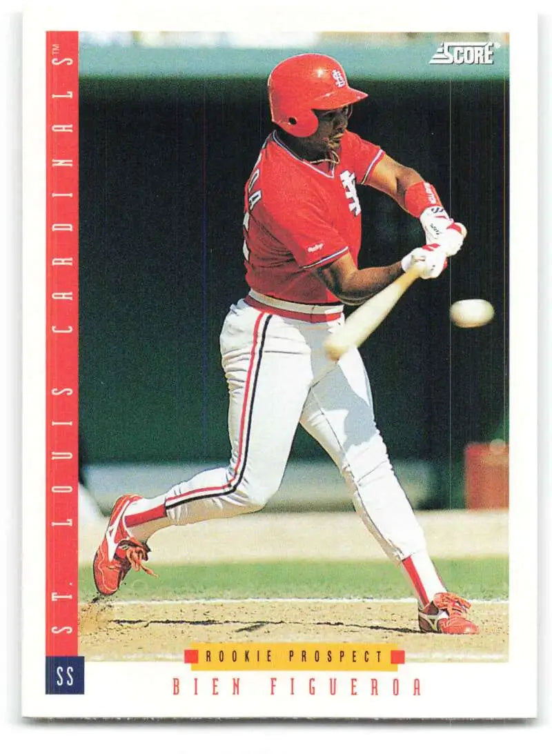 Baseball card of Bien Figueroa swinging bat in red uniform for St. Louis Cardinals