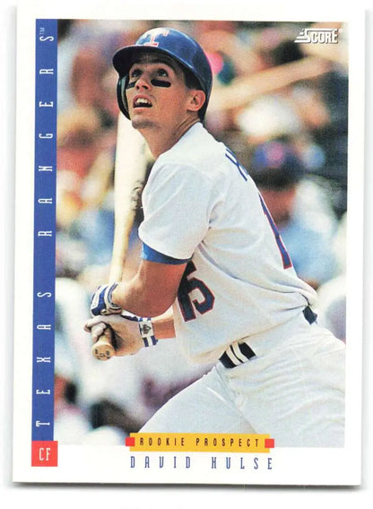 David Hulse Texas Rangers baseball card in white uniform at bat, 1993 Score #293