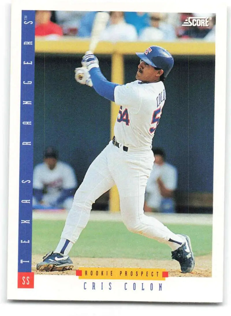 Baseball card of Cris Colon in Los Angeles Dodgers uniform swinging bat