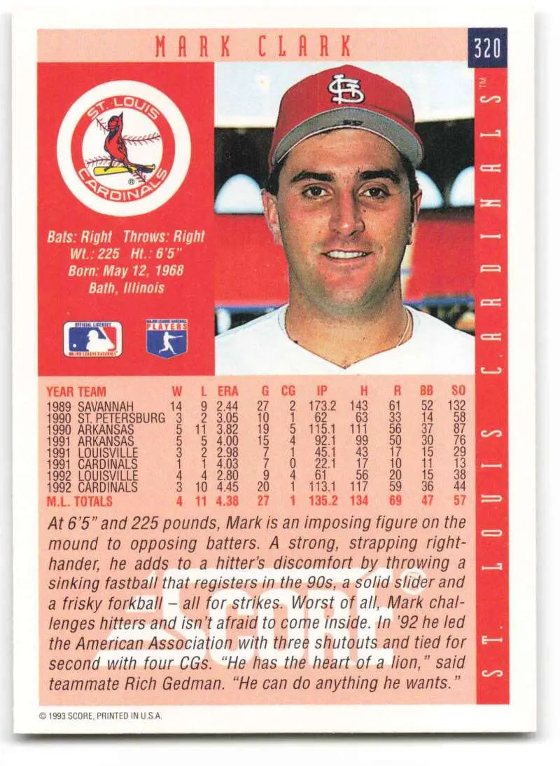 Baseball card of Mark Clark in a St. Louis Cardinals cap, 1993 Score #320