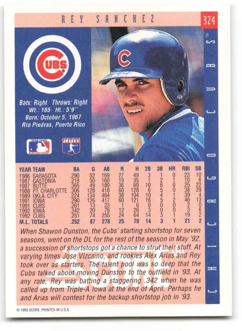 Baseball card of Rey Sanchez in a blue Chicago Cubs batting helmet with logo