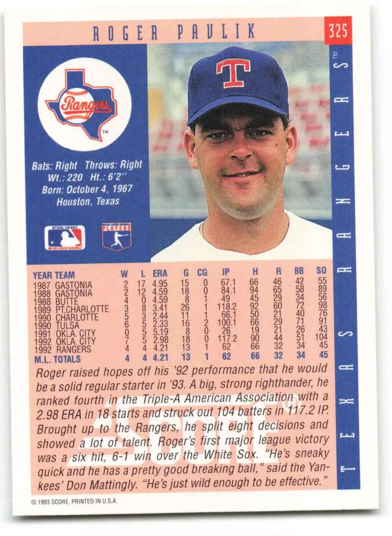 1993 Score #325 Roger Pavlik Texas Rangers Baseball Card featuring player in blue cap