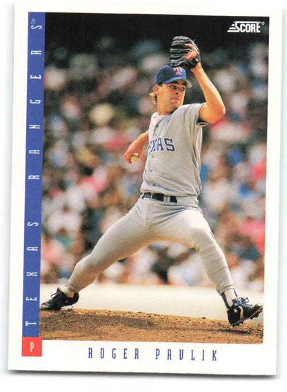 Roger Pavlik mid-delivery in gray Texas Rangers uniform on 1993 Score baseball card