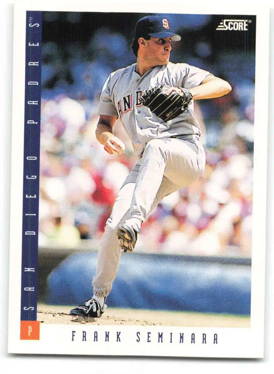 Baseball card of Frank Seminara mid-delivery for San Diego Padres in 1993