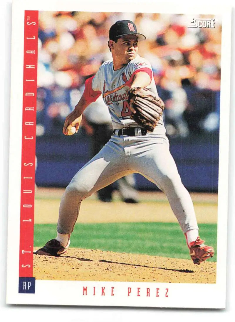 Baseball card of Mike Perez pitching in white and red uniform for Louis Cardinals