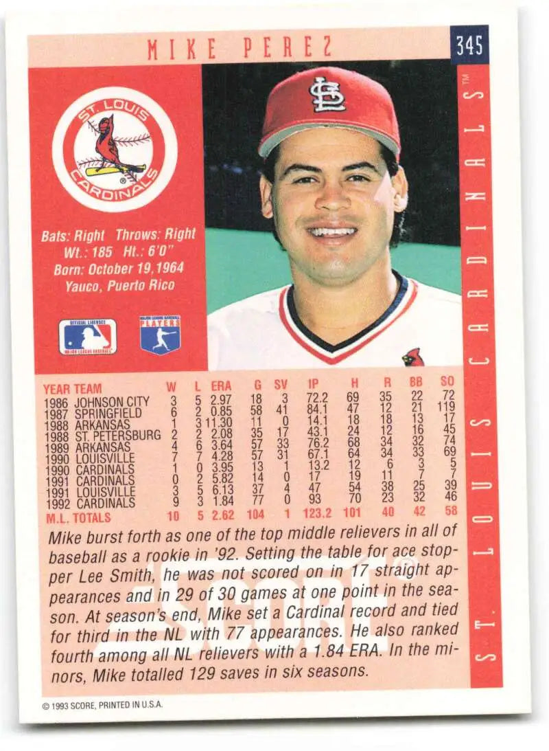 Baseball card of Mike Perez in St. Louis Cardinals uniform with red cap