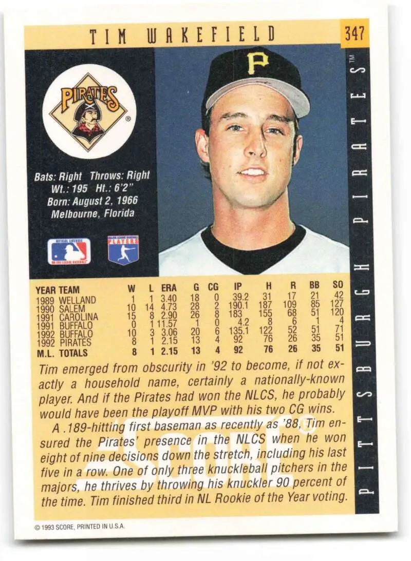 Baseball card of Tim Wakefield in white cap, Pittsburgh Pirates, 1993 Score #347