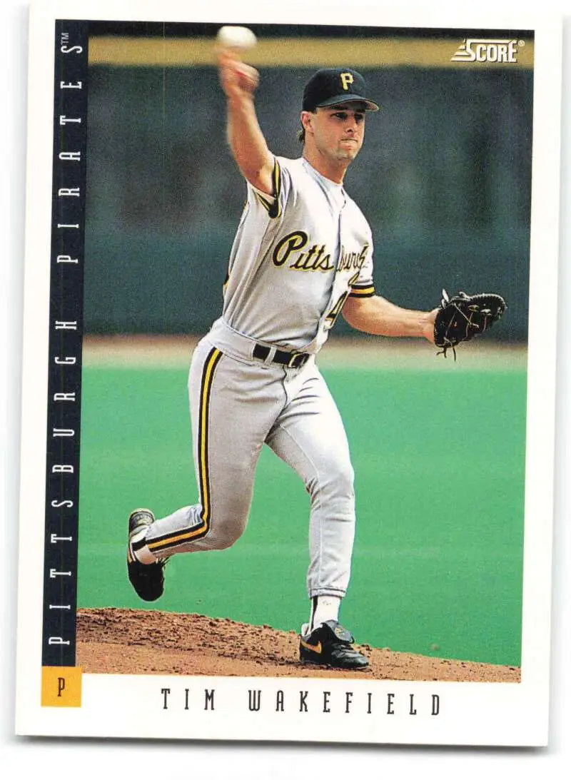 Baseball card of Tim Wakefield pitching in gray road uniform for Pittsburgh Pirates