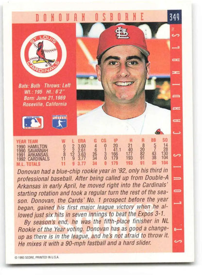 Baseball card of Donovan Osborne in a red cap for St. Louis Cardinals collectors