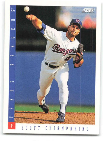 Scott Chiamparino mid-throw on 1993 Score Texas Rangers Baseball Card