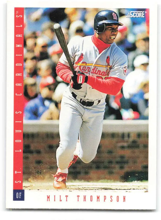 Milt Thompson St. Louis Cardinals baseball card in batting stance red and white uniform