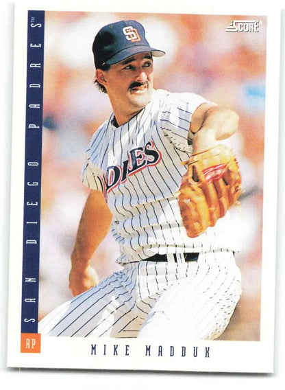 Baseball card of Mike Maddux in pinstriped uniform for San Diego Padres collectors