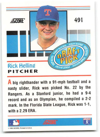 Baseball card of Rick Helling, Texas Rangers draft pick in blue cap