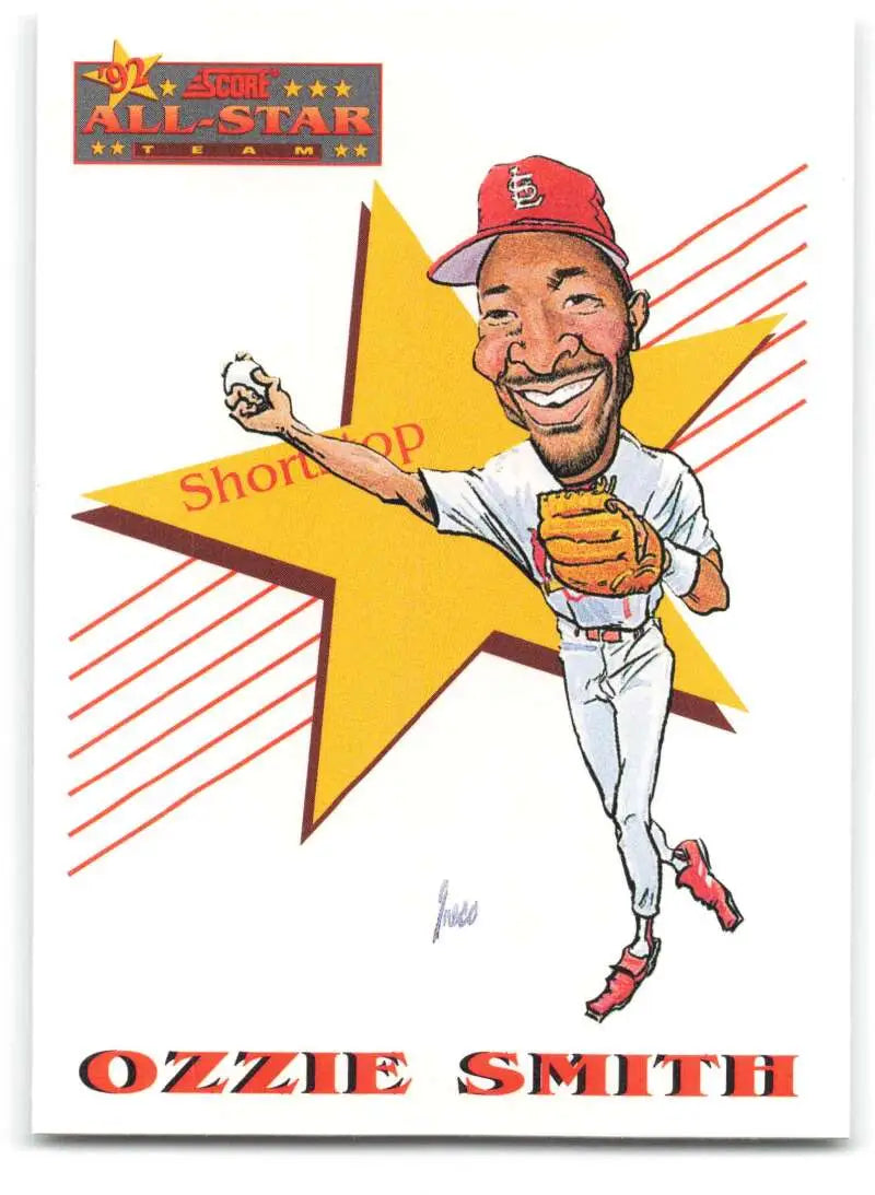 Cartoon illustration of Ozzie Smith on a St. Louis Cardinals baseball card