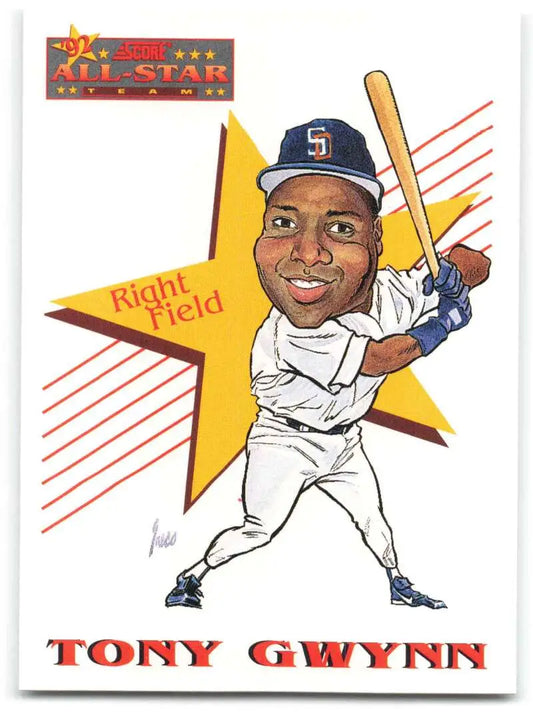 Baseball card of Tony Gwynn in San Diego Padres uniform, cartoon-style illustration