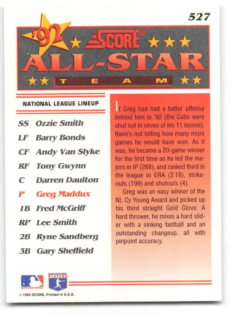 1992 Score baseball card featuring Greg Maddux in National League All-Star lineup