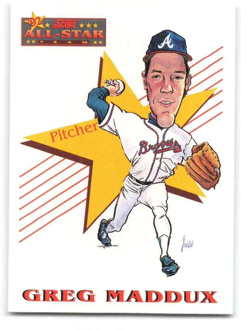 Baseball card of Greg Maddux in caricature style as a Braves pitcher in uniform